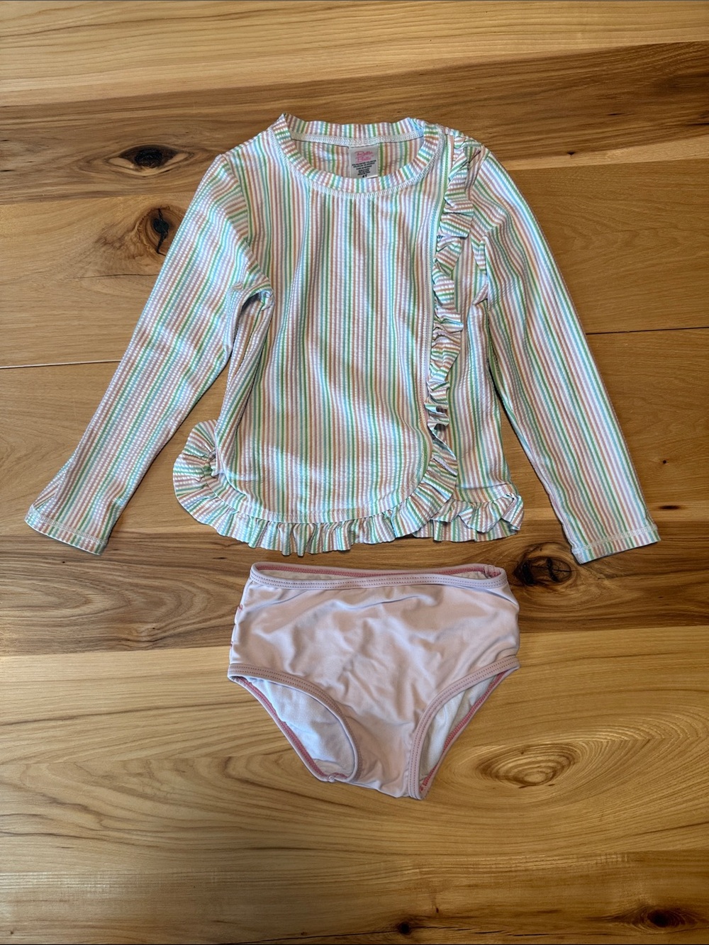 Ruffle Butts Pink Mint White Striped Long Sleeve Rash Guard Set